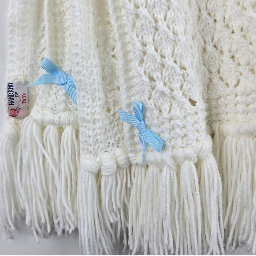 Handknit By Ya Ya Baby Blanket Off White Blue Bows Diamond Knit 50x60